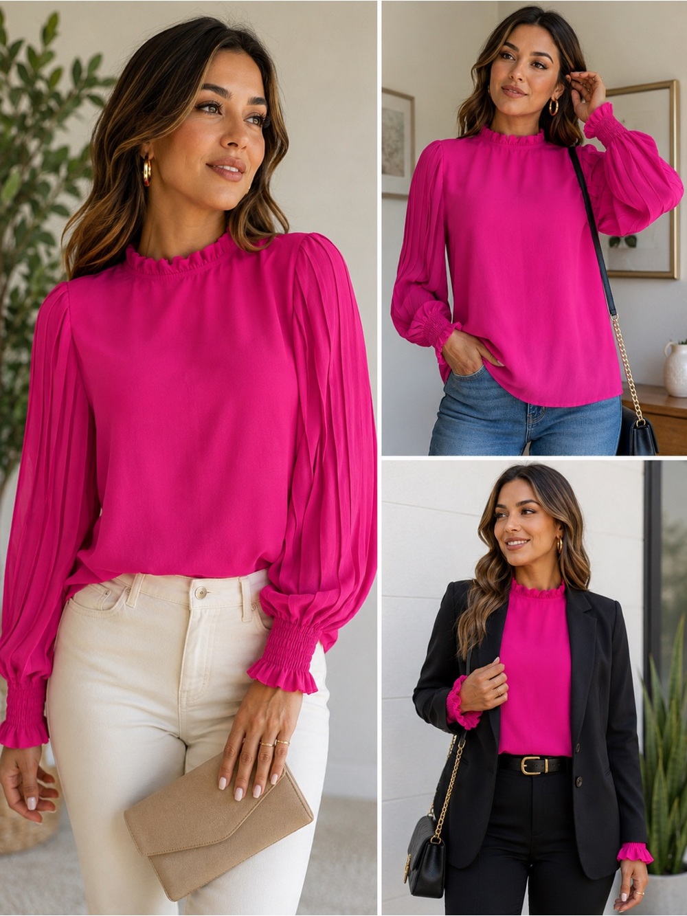 JODIFL Women’s Blouse Size M Fuchsia Pink Ruffle Neck Long Sleeve Pleated